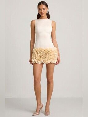Oh Polly Florrie Satin Floral Appliqué Open-Back Mini Dress in Ivory